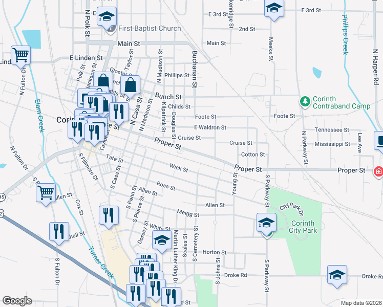 map of restaurants, bars, coffee shops, grocery stores, and more near 1304 Proper Street in Corinth