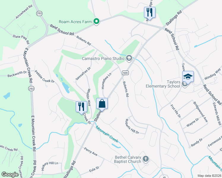 map of restaurants, bars, coffee shops, grocery stores, and more near 6 Honeybee Lane in Taylors