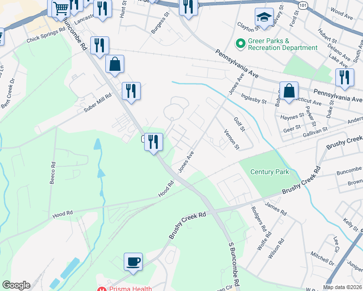 map of restaurants, bars, coffee shops, grocery stores, and more near 1037 Pennypacker Court in Greer