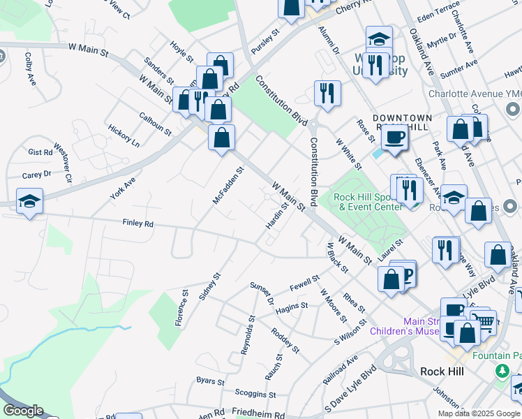map of restaurants, bars, coffee shops, grocery stores, and more near 309 Blue Ash Court in Rock Hill