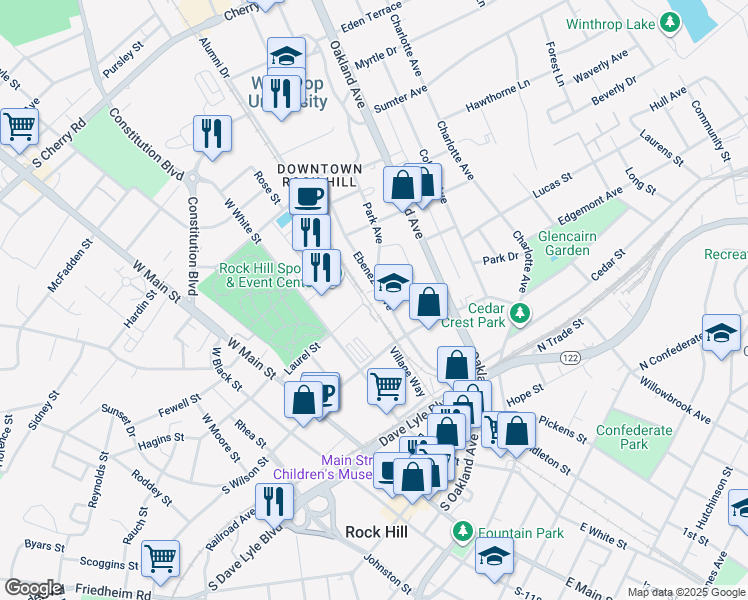 map of restaurants, bars, coffee shops, grocery stores, and more near 245 Ebenezer Avenue in Rock Hill