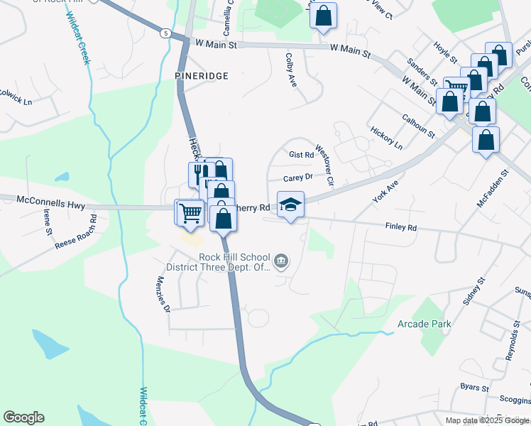 map of restaurants, bars, coffee shops, grocery stores, and more near 1089 Finley Road in Rock Hill