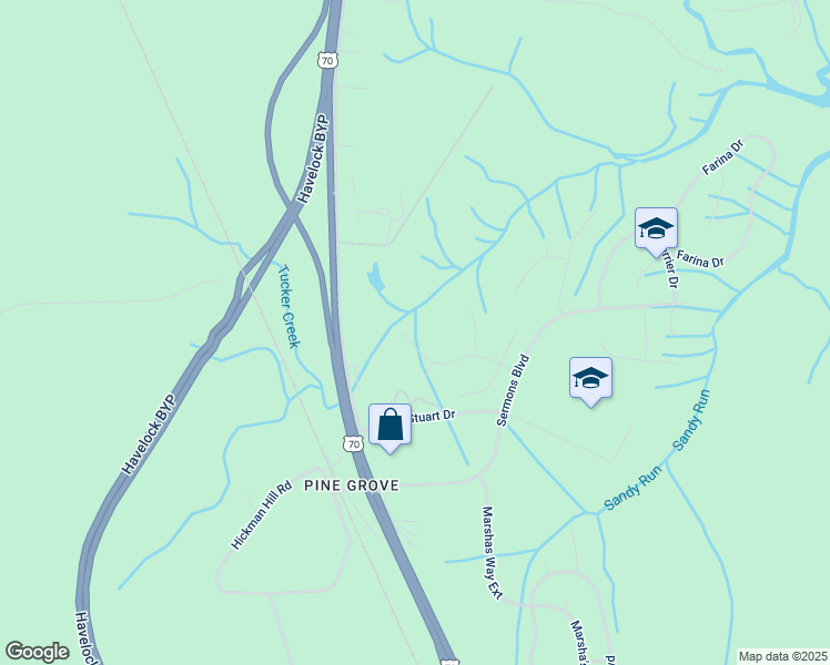 map of restaurants, bars, coffee shops, grocery stores, and more near 124 Tucker Creek Lane in Havelock