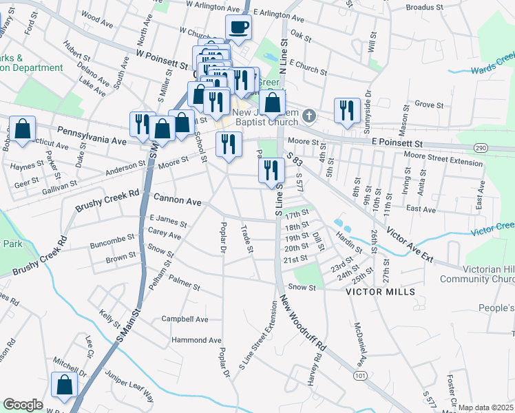 map of restaurants, bars, coffee shops, grocery stores, and more near 104 Albert Street in Greer