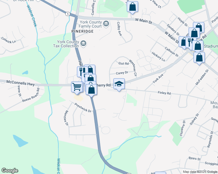 map of restaurants, bars, coffee shops, grocery stores, and more near 1089 Finley Road in Rock Hill