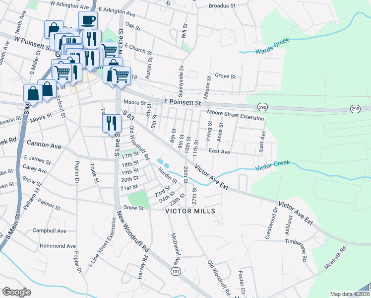 map of restaurants, bars, coffee shops, grocery stores, and more near 3 10th Street in Greer