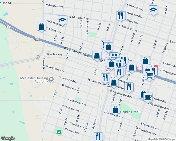 map of restaurants, bars, coffee shops, grocery stores, and more near 231 West Chickasaw Avenue in McAlester