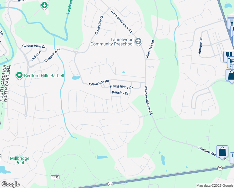 map of restaurants, bars, coffee shops, grocery stores, and more near 2027 Kensley Drive in Waxhaw