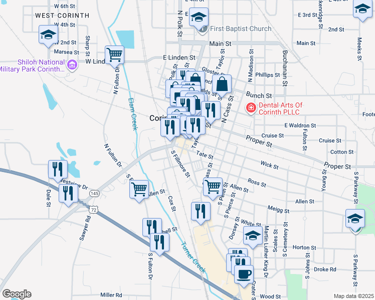 map of restaurants, bars, coffee shops, grocery stores, and more near in Corinth