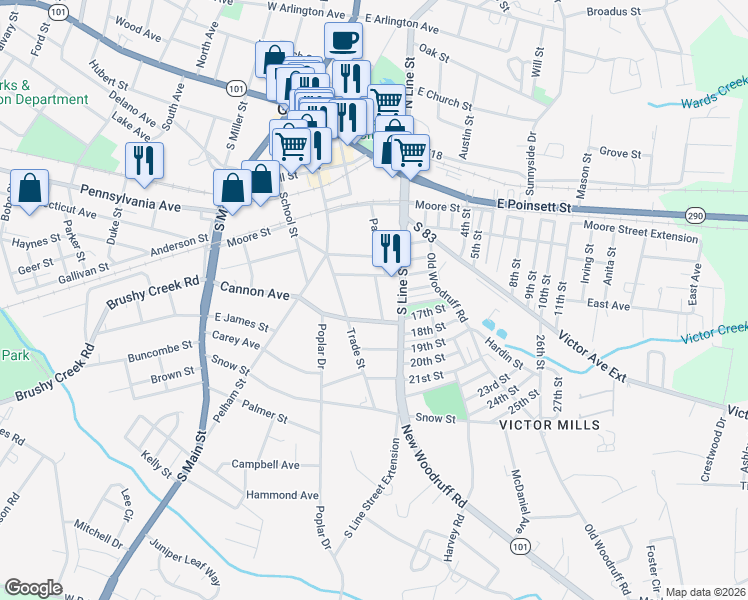 map of restaurants, bars, coffee shops, grocery stores, and more near 104 Albert Street in Greer