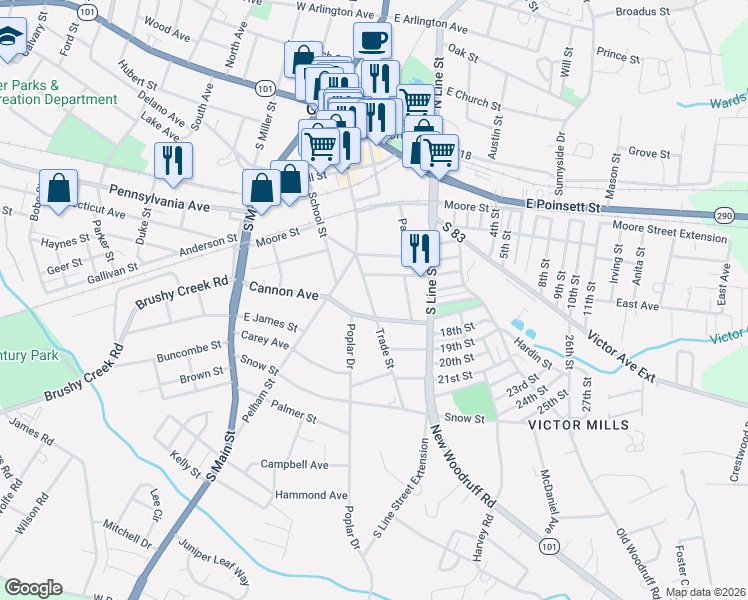 map of restaurants, bars, coffee shops, grocery stores, and more near 512 Trade Street in Greer