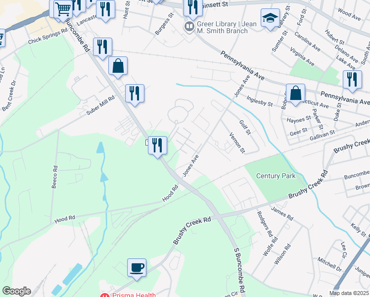 map of restaurants, bars, coffee shops, grocery stores, and more near 1037 Pennypacker Court in Greer