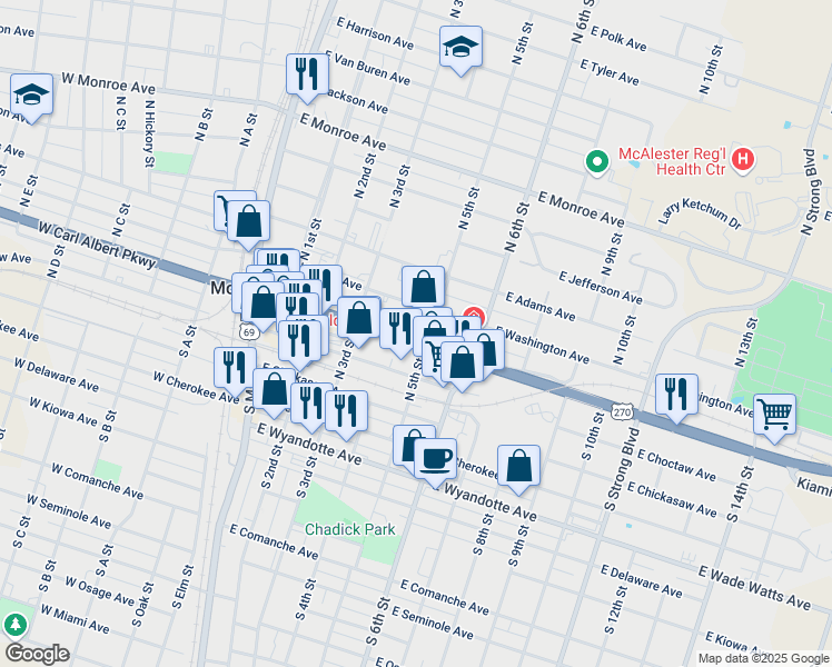 map of restaurants, bars, coffee shops, grocery stores, and more near 401 East Carl Albert Parkway in McAlester