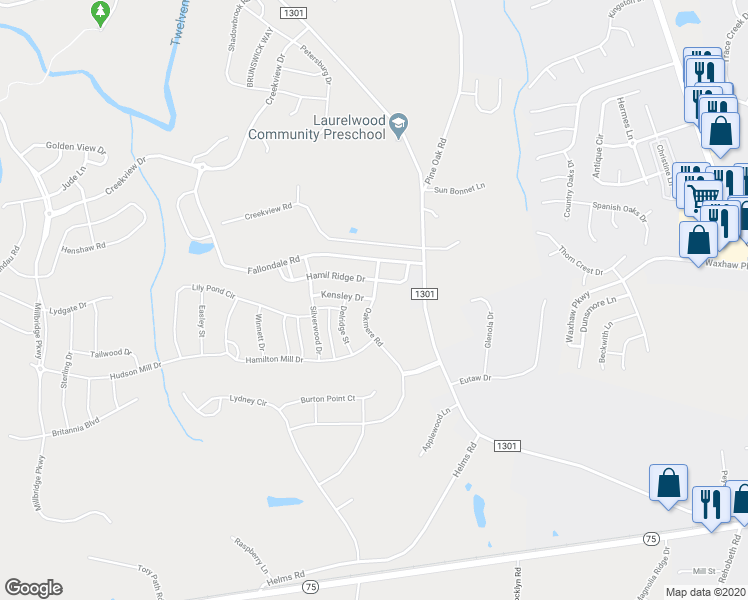 map of restaurants, bars, coffee shops, grocery stores, and more near 4013 Oakmere Road in Waxhaw