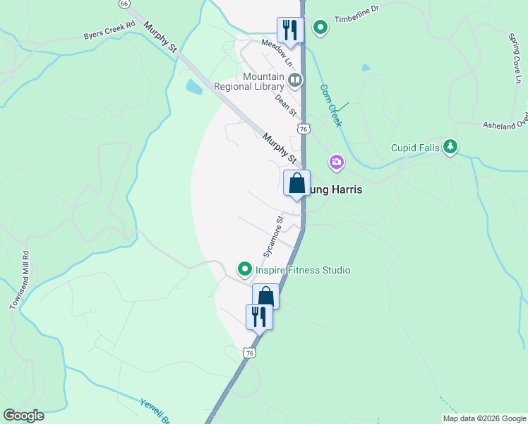 map of restaurants, bars, coffee shops, grocery stores, and more near 5372 School Street in Young Harris