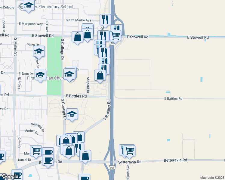 map of restaurants, bars, coffee shops, grocery stores, and more near El Camino Real in Santa Maria