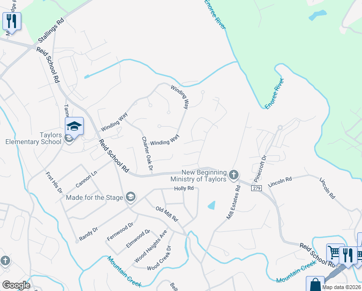 map of restaurants, bars, coffee shops, grocery stores, and more near 117 Cretewood Place in Taylors