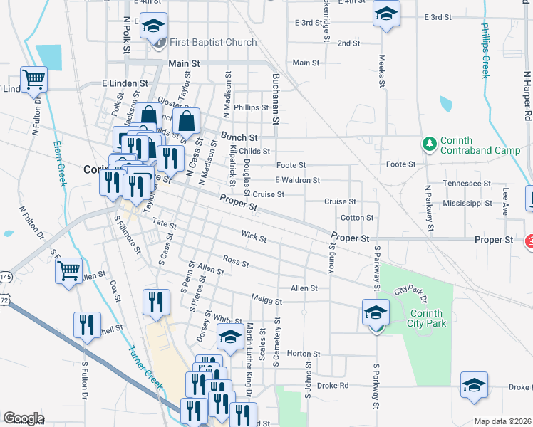 map of restaurants, bars, coffee shops, grocery stores, and more near 1304 Proper Street in Corinth