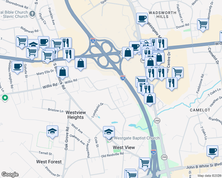 map of restaurants, bars, coffee shops, grocery stores, and more near 201 Wadsworth Road in Spartanburg