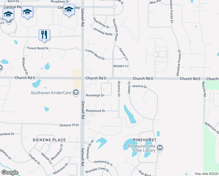 map of restaurants, bars, coffee shops, grocery stores, and more near 4922 Rosebrook Circle East in Southaven