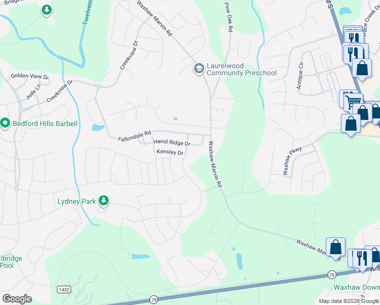 map of restaurants, bars, coffee shops, grocery stores, and more near 2019 Oakmere Road in Waxhaw