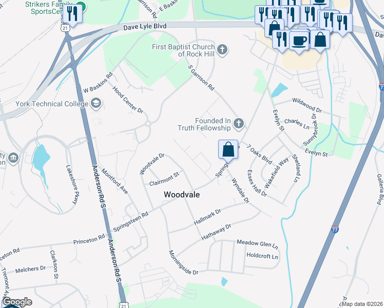 map of restaurants, bars, coffee shops, grocery stores, and more near 557 Woodvale Drive in Rock Hill