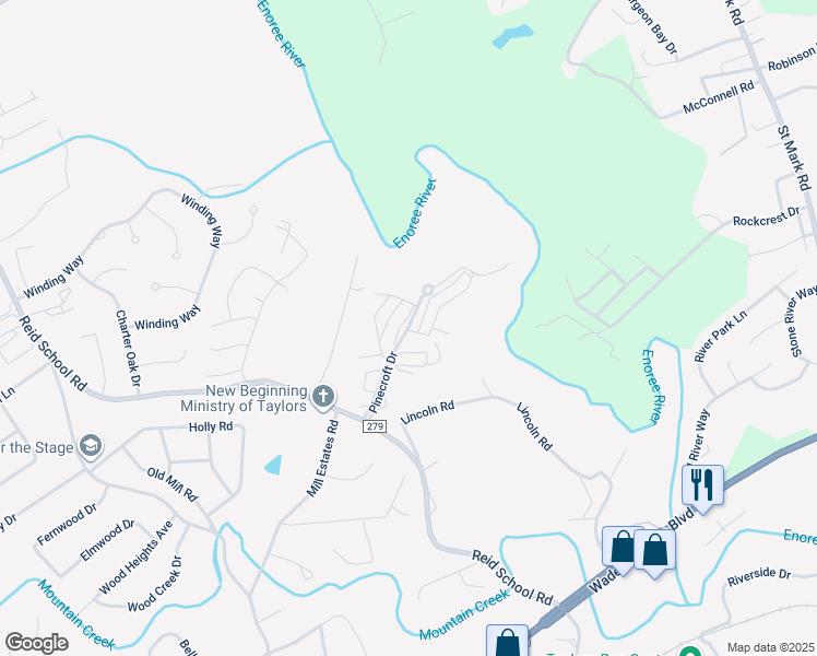 map of restaurants, bars, coffee shops, grocery stores, and more near 1 Pinecroft Drive in Taylors