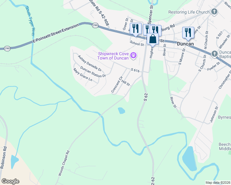 map of restaurants, bars, coffee shops, grocery stores, and more near 320 Crescent Circle in Duncan