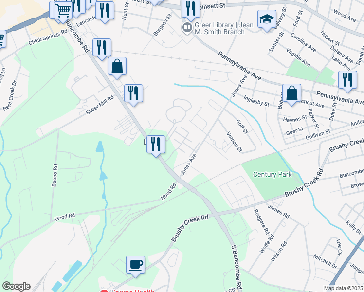 map of restaurants, bars, coffee shops, grocery stores, and more near 1037 Pennypacker Court in Greer