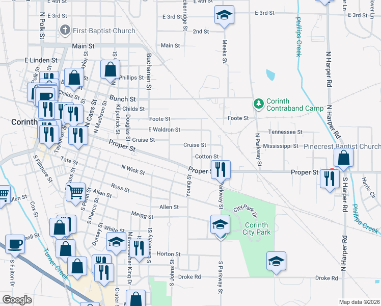 map of restaurants, bars, coffee shops, grocery stores, and more near 1505 Proper Street in Corinth