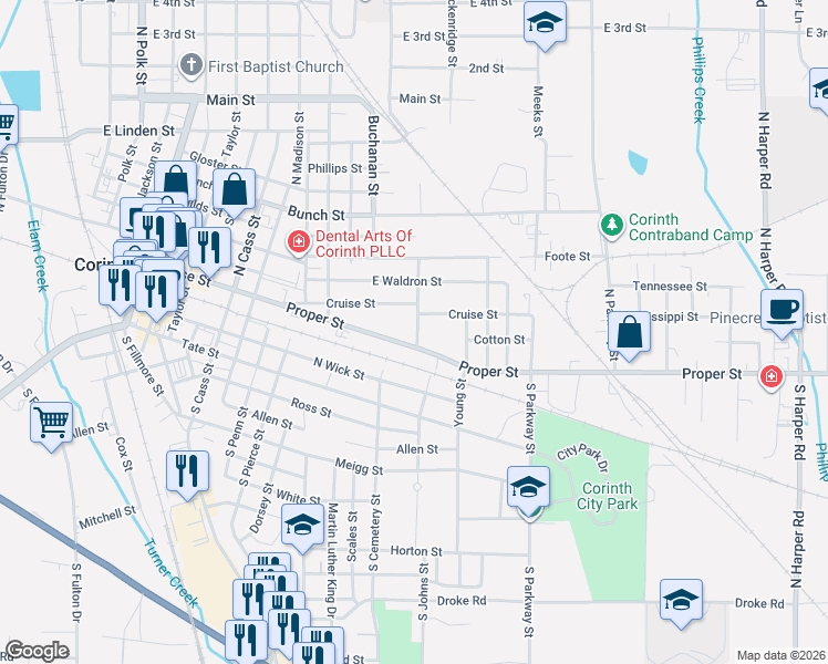 map of restaurants, bars, coffee shops, grocery stores, and more near 1185-1499 Proper Street in Corinth
