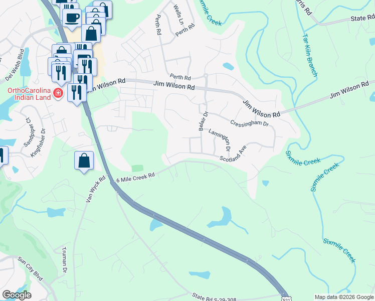 map of restaurants, bars, coffee shops, grocery stores, and more near 11511 Hastings Place in Indian Land