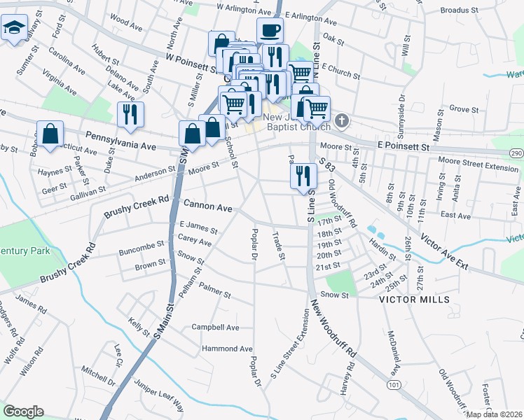 map of restaurants, bars, coffee shops, grocery stores, and more near 512 Trade Street in Greer