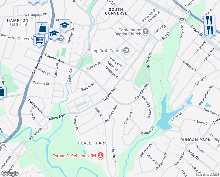 map of restaurants, bars, coffee shops, grocery stores, and more near 196 Collins Avenue in Spartanburg