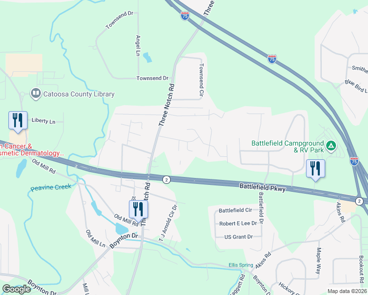 map of restaurants, bars, coffee shops, grocery stores, and more near 26 Valleywood Circle in Ringgold