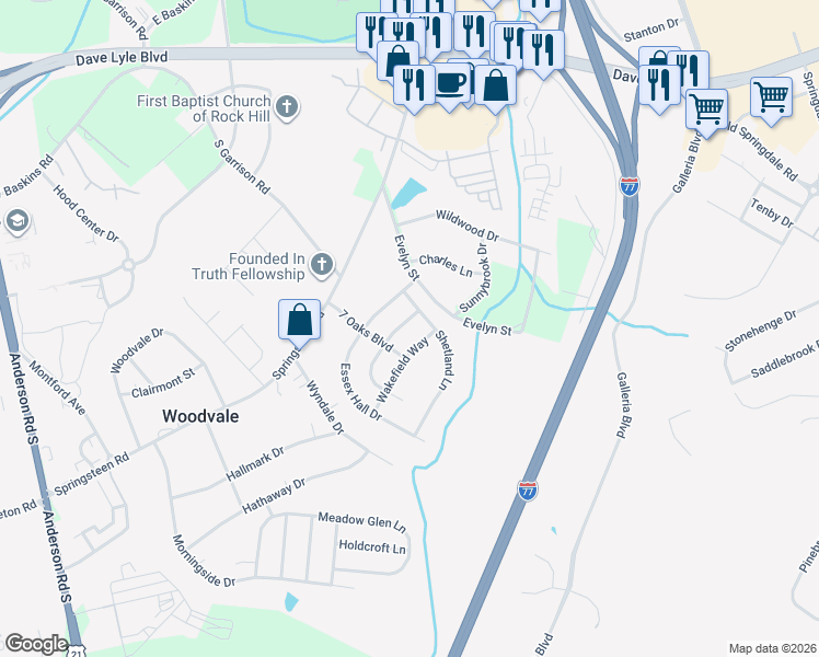 map of restaurants, bars, coffee shops, grocery stores, and more near 1712 Townsend Lane in Rock Hill