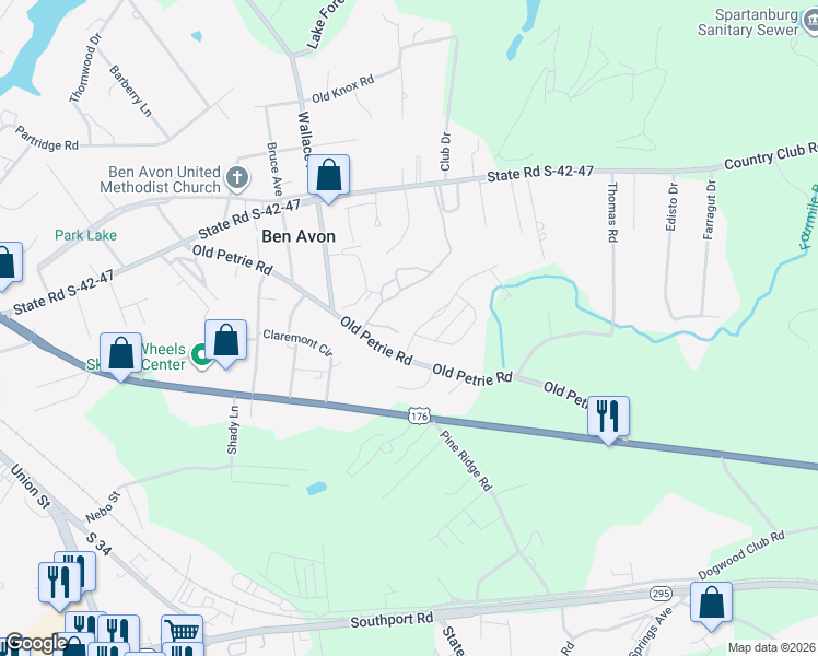 map of restaurants, bars, coffee shops, grocery stores, and more near 101 Williamsburg Drive in Spartanburg