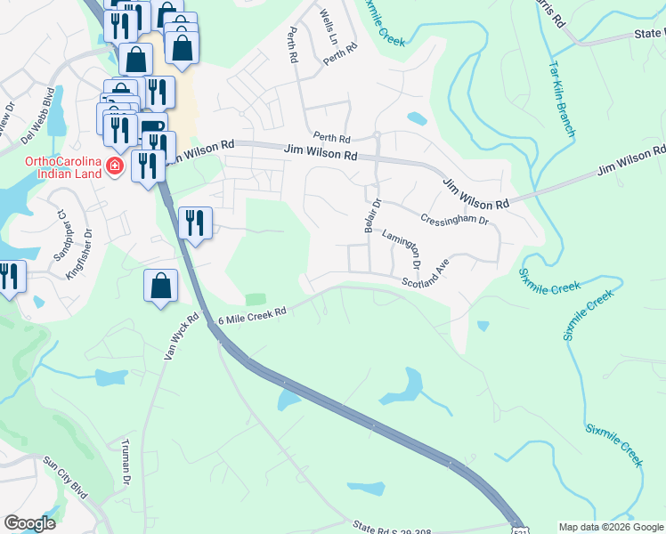 map of restaurants, bars, coffee shops, grocery stores, and more near 11511 Hastings Place in Indian Land