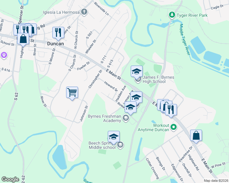 map of restaurants, bars, coffee shops, grocery stores, and more near 115 Howard Street in Duncan