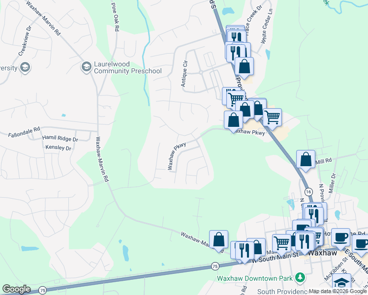 map of restaurants, bars, coffee shops, grocery stores, and more near 2031 Dunsmore Lane in Waxhaw