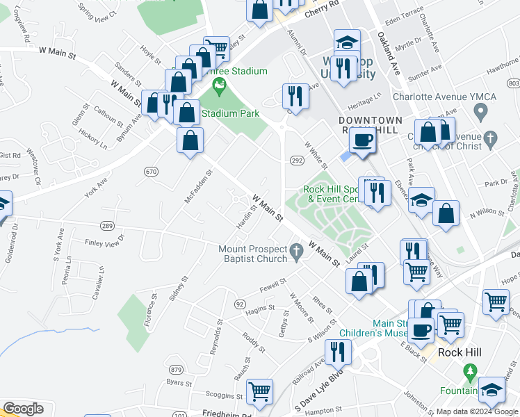map of restaurants, bars, coffee shops, grocery stores, and more near 1089 Cotton Mill Village in Rock Hill