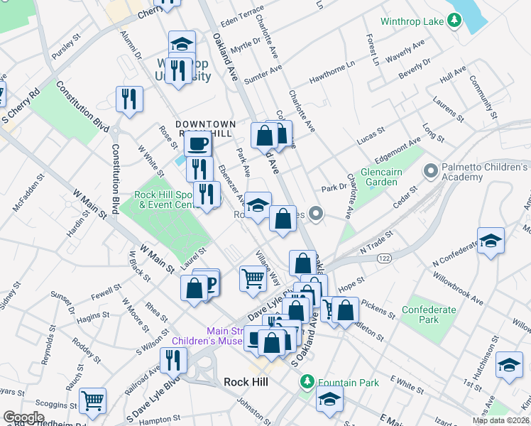 map of restaurants, bars, coffee shops, grocery stores, and more near 242 Ebenezer Avenue in Rock Hill