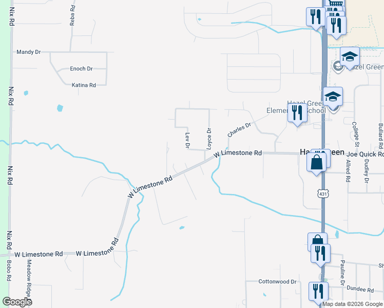 map of restaurants, bars, coffee shops, grocery stores, and more near 104 Lev Drive in Hazel Green