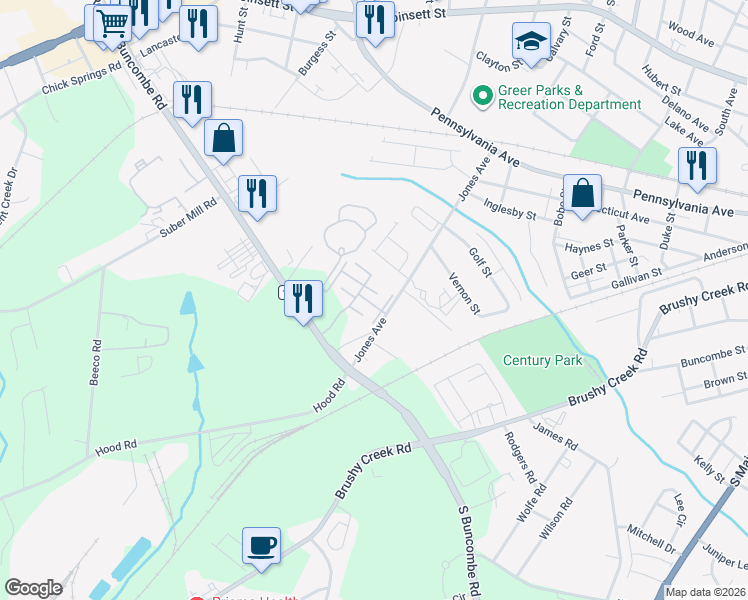 map of restaurants, bars, coffee shops, grocery stores, and more near 1037 Pennypacker Court in Greer