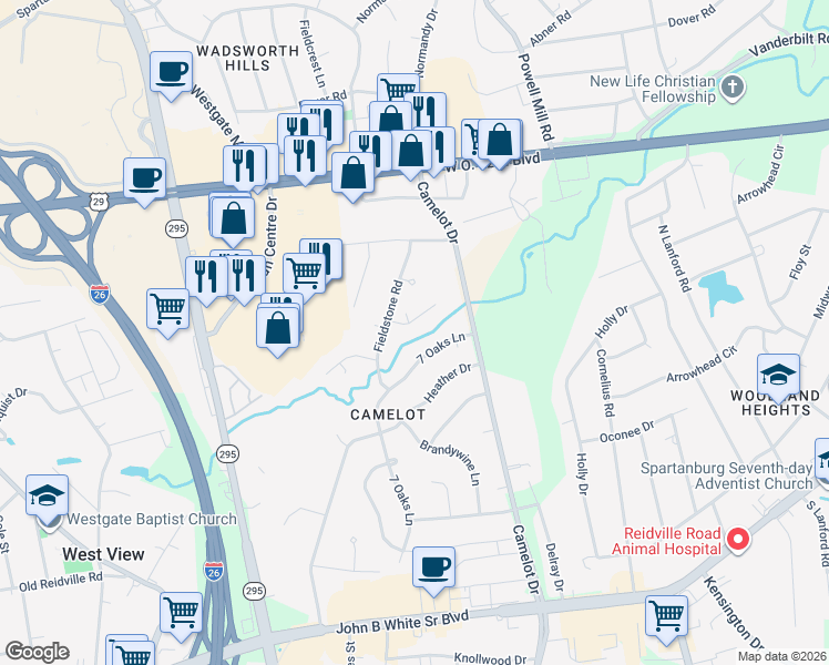 map of restaurants, bars, coffee shops, grocery stores, and more near 104 Wake Robin Cir in Spartanburg