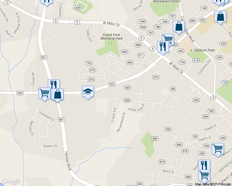 map of restaurants, bars, coffee shops, grocery stores, and more near 740 South York Avenue in Rock Hill