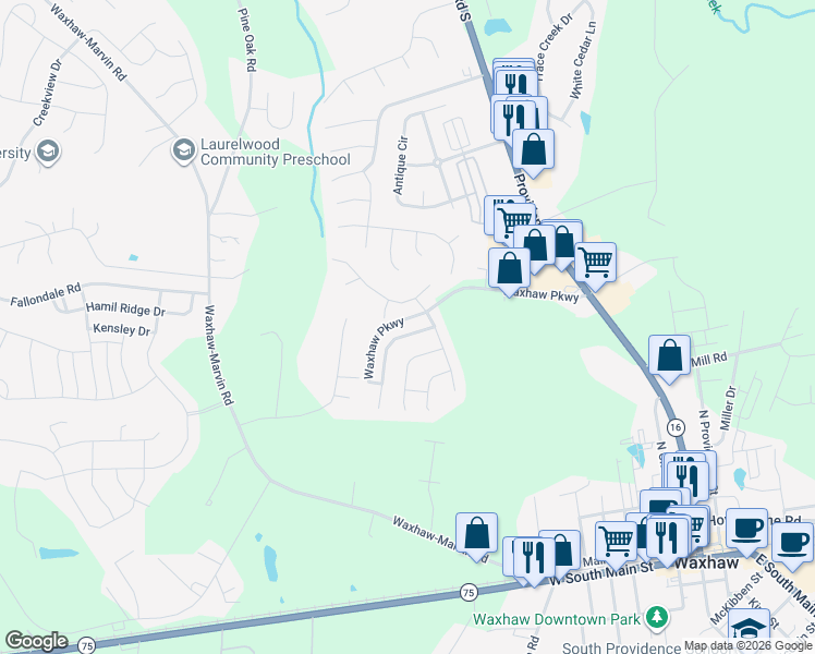 map of restaurants, bars, coffee shops, grocery stores, and more near 2031 Dunsmore Lane in Waxhaw