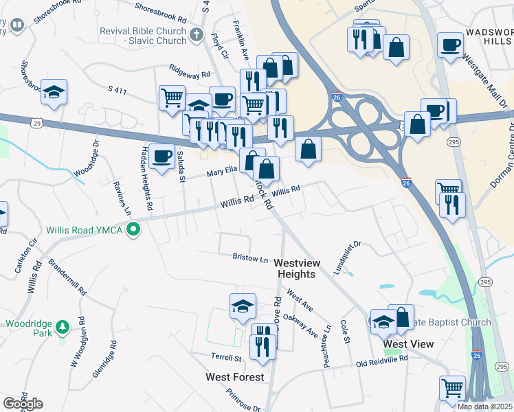 map of restaurants, bars, coffee shops, grocery stores, and more near 134 South Blackstock Road in Spartanburg