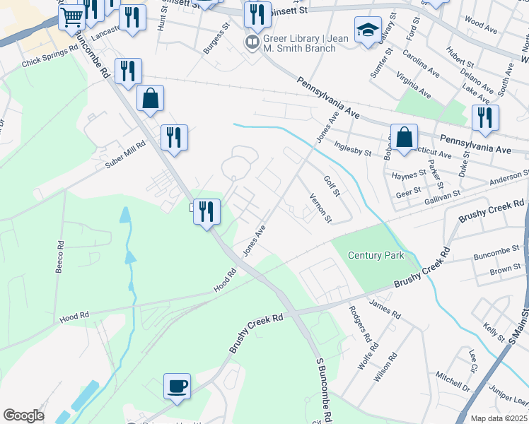 map of restaurants, bars, coffee shops, grocery stores, and more near 423 Jones Avenue in Greer