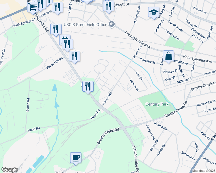 map of restaurants, bars, coffee shops, grocery stores, and more near 1037 Pennypacker Court in Greer